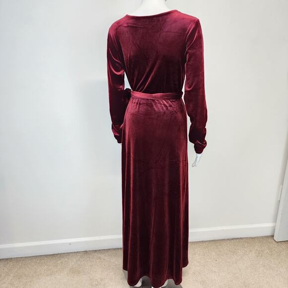 Velvet Faux Wrap Maxi Dress Size L Berry Red Dark Romantic Fairy Medieval Goth - Picture 5 of 15